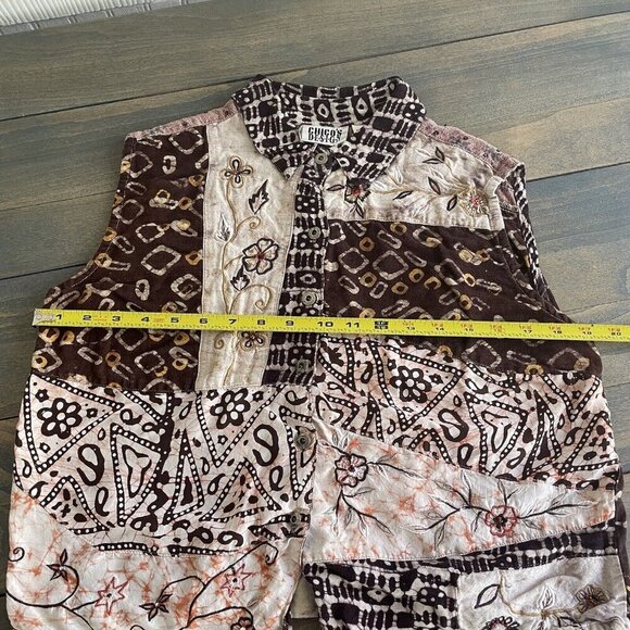 Chico's Design Sleeveless Funky Patchwork Bohemian Tie Front Blouse Size 2 (H6) - Picture 9 of 11